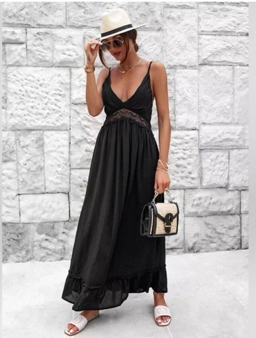 NEW Jason Wu Black Crochet Maxi Dress Boho Beach Vacation Linen Blend Sz XS